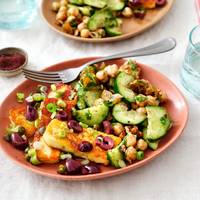 Halloumi met warme olijvenvinaigrette