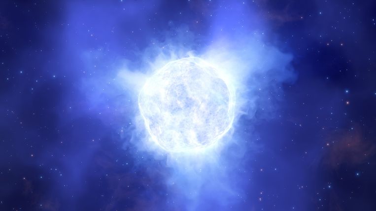 Artistieke impressie van een lichtrijke blauwe variabele ster in het Kinman-dwergstelsel.