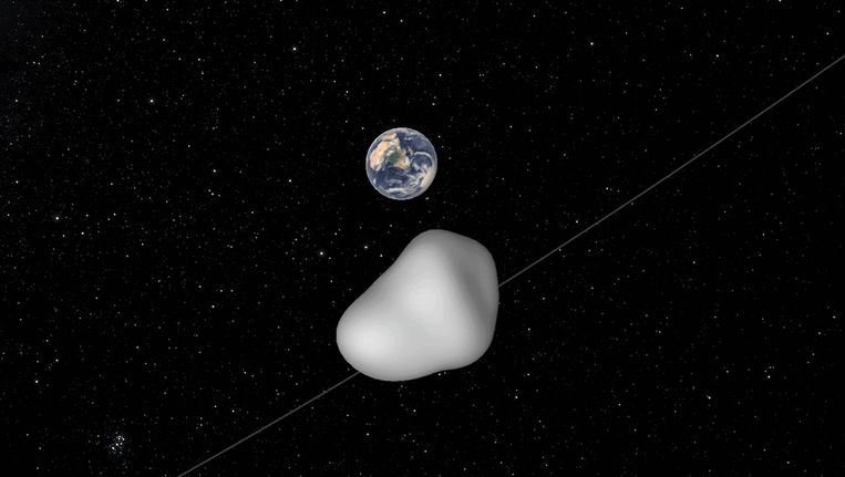 Een impressie, verspreid door NASA, van asteroïde 2012 TC4 die langs de aarde passeert.