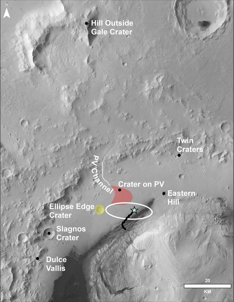 NASA maakte ook dit beeld van bovenaf. De ster is waar Curiosity in 2012 landde, en de zwarte lijn het pad dat de verkenner sindsdien aflegde.