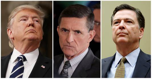 President Donald Trump (L), de voormalige veiligheidsadviseur Michael Flynn (C), en de ontslagen FBI-directeur James Comey.