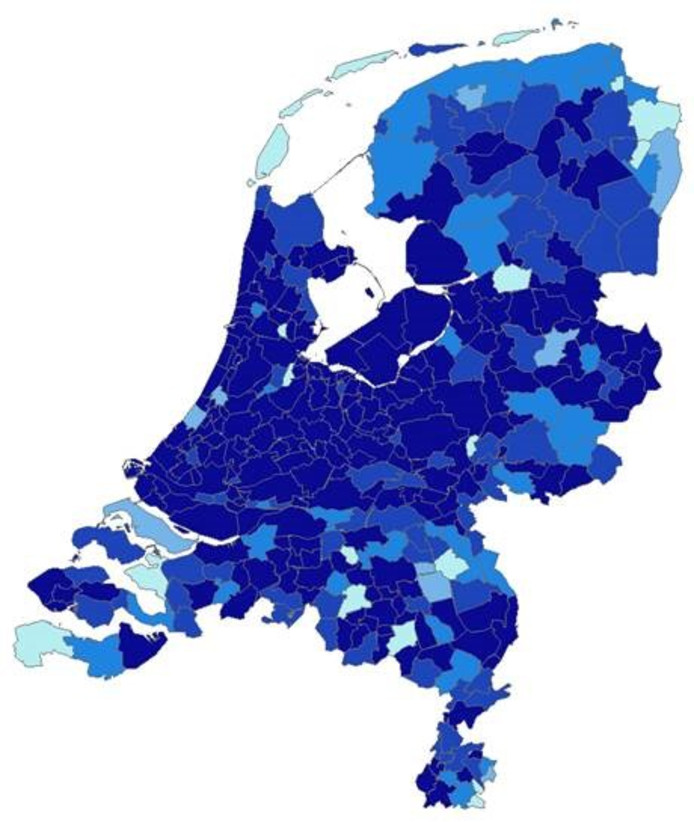 Als je 160.000 tot 260.000 euro te besteden hebt, kun je in de meeste gemeenten gemiddeld uit minder dan twee huizen kiezen (krapte-indicator). Donkerblauw = kleiner dan 2. Lichtblauw = 5 of hoger. Het getal zegt iets over de beschikbaarheid van woningen.