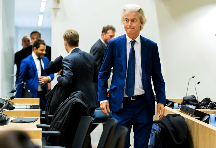 PVV-leider Geert Wilders in de rechtbank van Schiphol voor het pleidooi in het minder-Marokkanen-proces tegen Wilders.