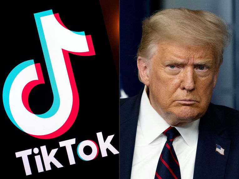 De Amerikaanse president Trump (rechts) en het logootje van TikTok.