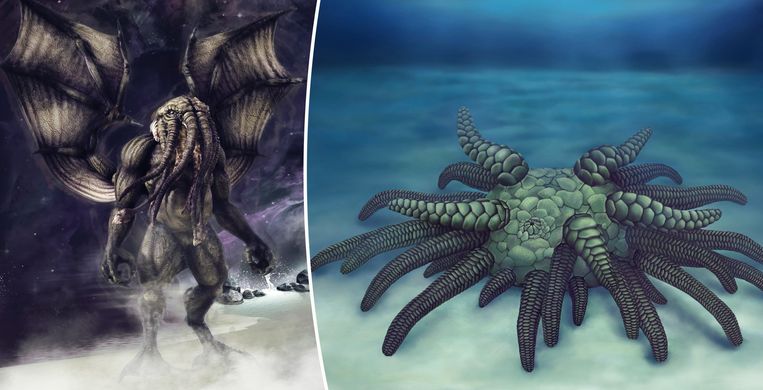De nieuwe diersoort Sollasina cthulhu (rechts). Links een afbeelding van Cthulhu zoals we het wezen kennen uit de verhalen van H.P. Lovecraft.