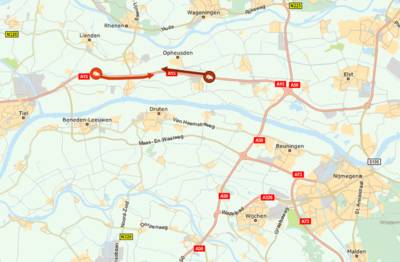 Meer dan uur vertraging op afgesloten A15 richting Nijmegen