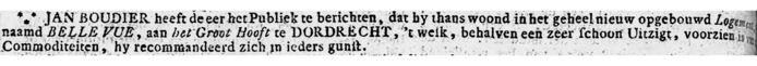 De eerste keer dat Bellevue als hotel in Dordrecht werd genoemd. Leydse Courant, 8 juni 1792.