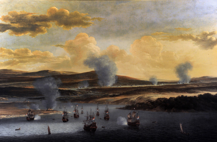 Schilderij van Willem Schellink: Nederlandse vloot in de monding van de Medway. Het uit het Rijksmuseum afkomstige origineel van een ander schilderij van Schellink over de tocht naar Chatham komt in de nabije toekomst naar Vlissingen.