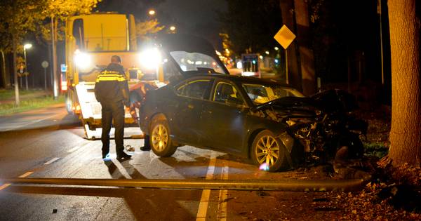 Auto ramt lantaarnpaal uit grond en knalt tegen boom in Teteringen: bestuurder gewond