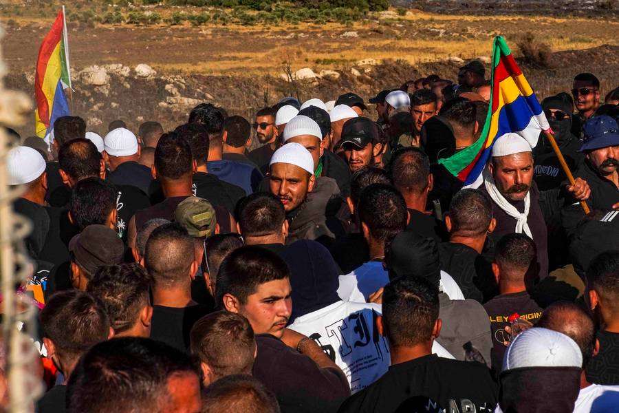 Israeli Druze from Majdal Shams crossed into Syria on July 16, 2025, to assist relatives in nearby villages following a reported massacre of Druze civilians by Syrian army forces and allied militias. The rare border crossing came amid growing concern over the safety of the Druze community in the region. Photo by Aldema Milstein/Middle East Images/ABACAPRESS.COM / © NLBeeld