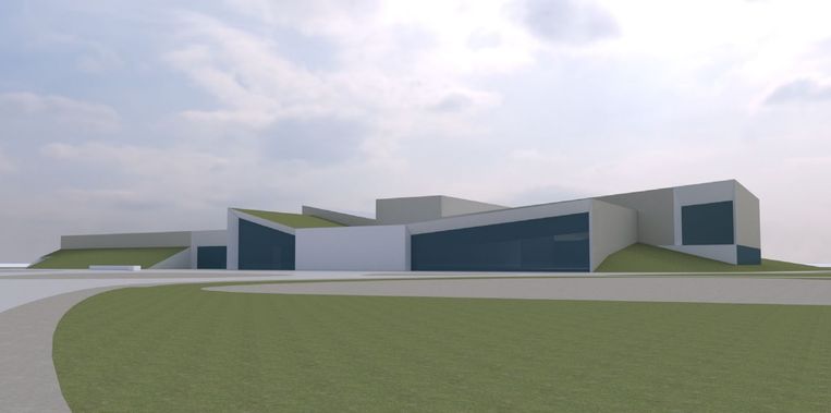 De nieuwe sporthal, herkenbaar aan het platte dak links, wordt aan het nieuwe zwembad gebouwd.