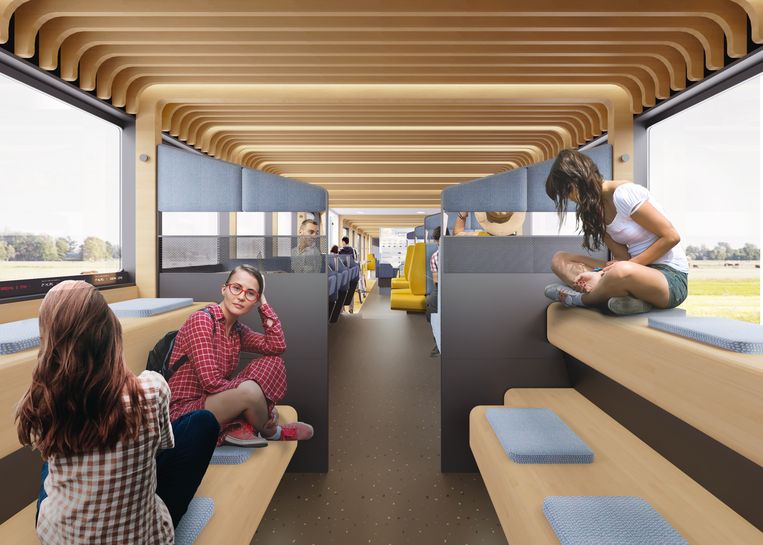 Een ‘tribune’ (rechts) in een toekomstig treininterieur. Beeld Mecanoo