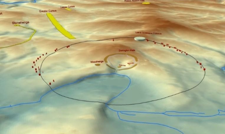 Links bovenaan Stonehenge. Centraal de nederzetting Durrington Walls, met daarrond de schachtengordel.