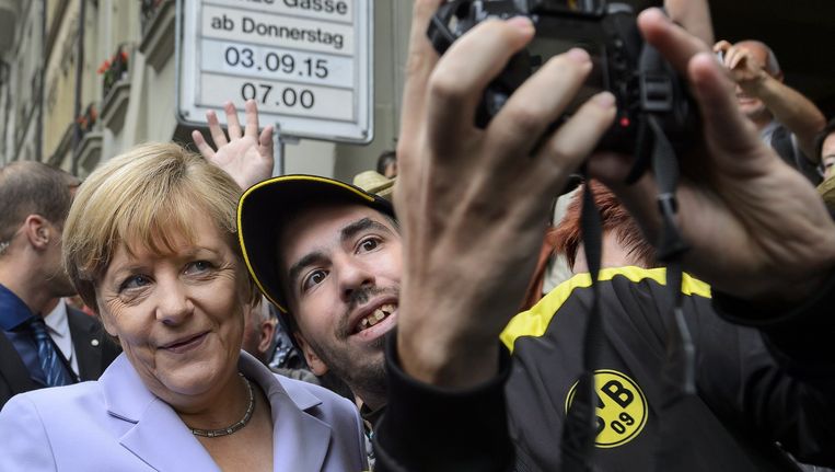 De Duitse bondskanselier Angela Merkel donderdag in Bern. Beeld afp
