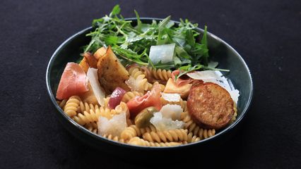 34. Fusillis au jambon, aubergine et artichaut