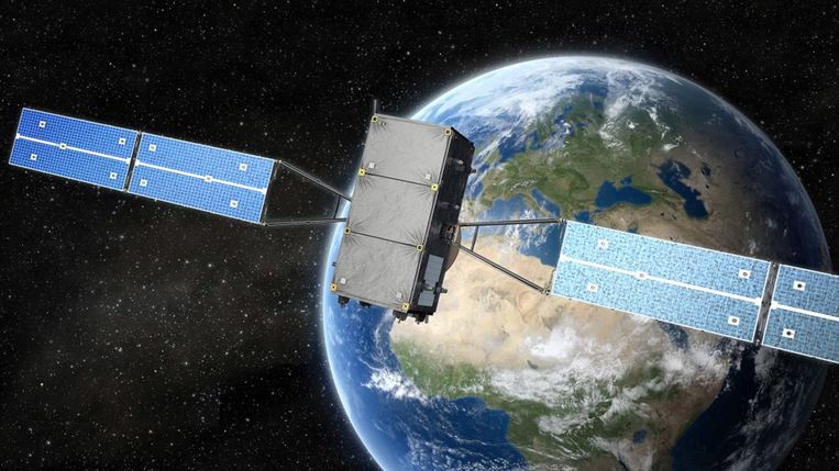 Een artistieke impressie van de Europese GNSS-satelliet met op de achtergrond planeet Aarde.