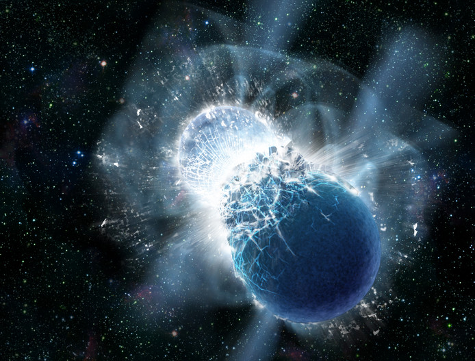 Twee neutronensterren klappen met ongekend geweld op elkaar. Voor het eerst zijn er zwaartekrachtgolven én licht waargenomen van zo'n botsing, 130 miljoen lichtjaar van de aarde. Dat levert ook bewijzen op voor de lang gezochte 'kilonova'. Bij zo'n explosie worden zware elementen als goud en lood de ruimte in geblazen.